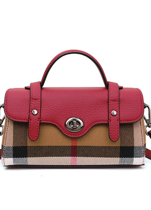 Borsa Mini Boston a Righe e Quadri in Tessuto con Finiture in Ecopelle, Chiusura a Giro e Torsione, Design con Patta, Borsa a Mano da Donna, a Tracolla, Portamonete