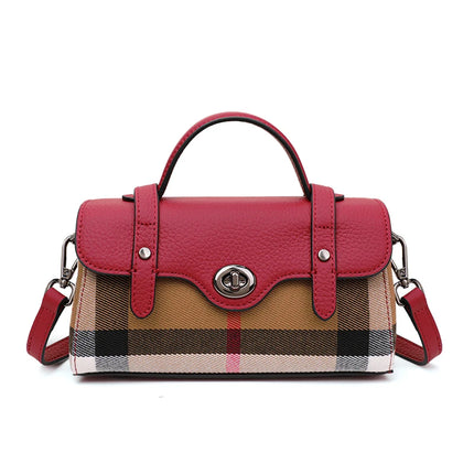 Borsa Mini Boston a Righe e Quadri in Tessuto con Finiture in Ecopelle, Chiusura a Giro e Torsione, Design con Patta, Borsa a Mano da Donna, a Tracolla, Portamonete