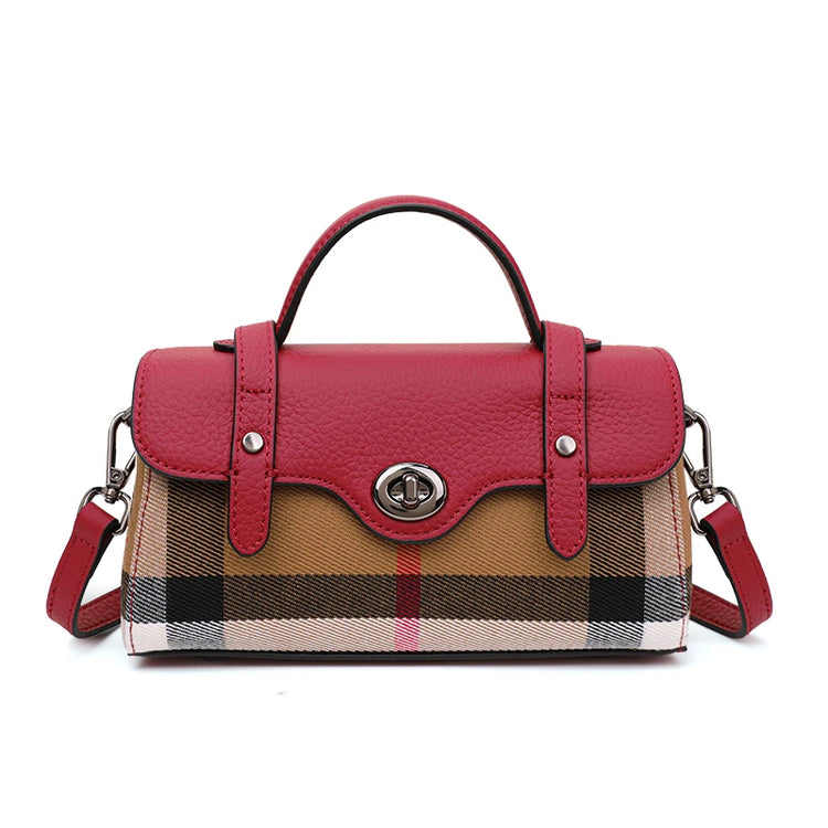 Borsa Mini Boston a Righe e Quadri in Tessuto con Finiture in Ecopelle, Chiusura a Giro e Torsione, Design con Patta, Borsa a Mano da Donna, a Tracolla, Portamonete