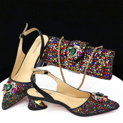 Venus Chan Royal Blue Sandals for Women 2024 Luxury Wedding Pumps Med Heels strass Design Party Shoes and Bags Set