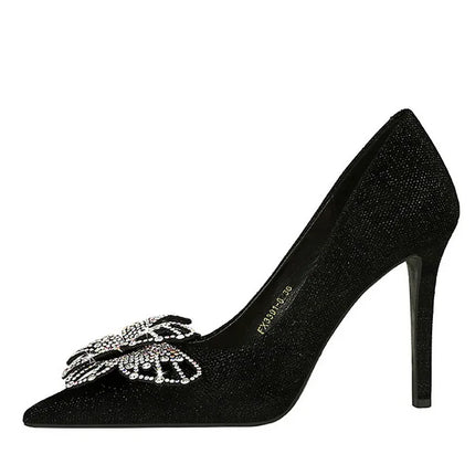 BIGTREE Scarpe Designer Nuove donne Décolleté Strass Farfalla Nodo Punta a punta Flock 10CM Tacchi sottili Scarpe da donna mature super alte