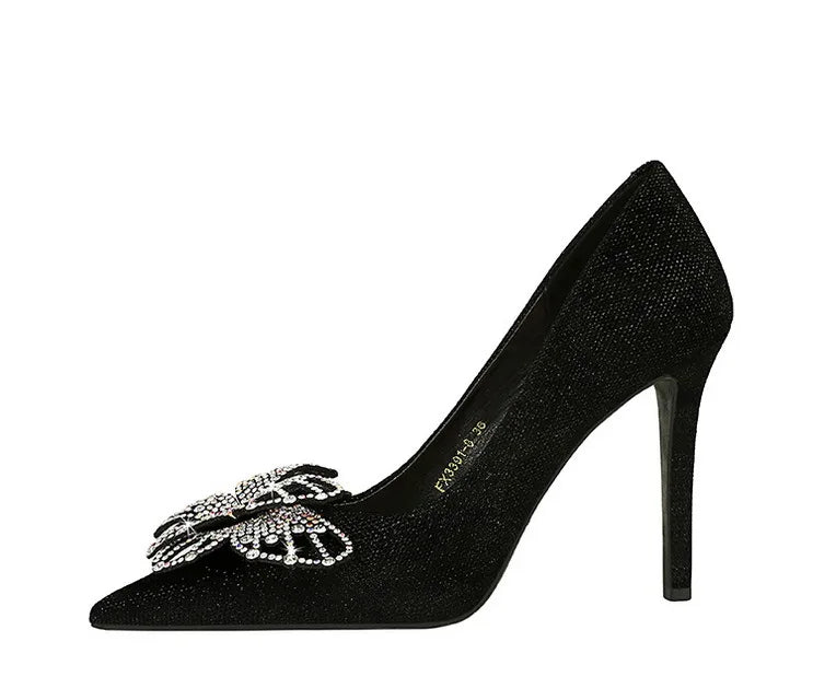 BIGTREE Scarpe Designer Nuove donne Décolleté Strass Farfalla Nodo Punta a punta Flock 10CM Tacchi sottili Scarpe da donna mature super alte