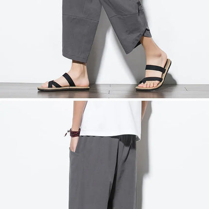 Pantaloni Estivi da Uomo 2026 Stile Cinese in Cotone e Lino, Pantaloni Harem Traspiranti da Spiaggia, Pantaloni Casual a Tre Quarti, Streetwear