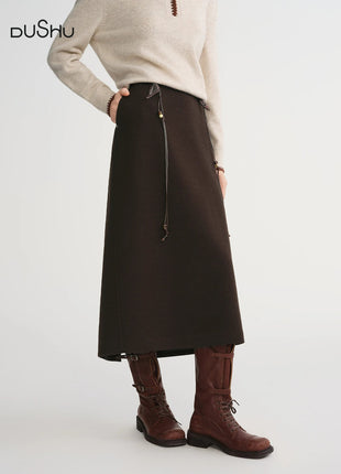DUSHU Classic Long and Short Elastic Waist A-line Skirt 2025 Winter Skirt for Women Solid Simple Commuting Office Ladies College PlatiNum