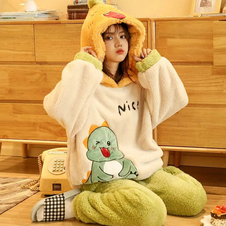 2024 New Plush Pajamas Set for Women Thick Hooded Women 2 Piece Clothes Set Cute Rabbit Women Pyjamas Coral Fleece Warm Homewear