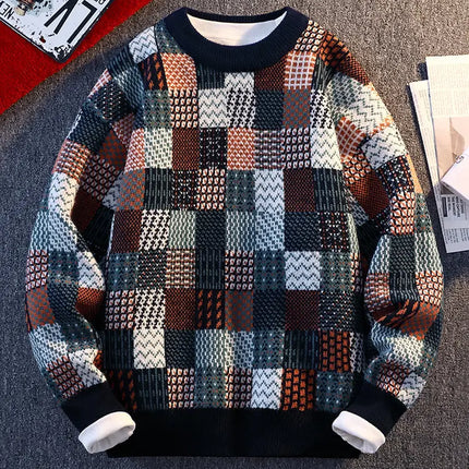 New Fashion Men Plaid Pullover Winter Sweaters Outwear Loose Casual Knitted Sweaters Male O-neck Pullovers Sweatercoats Size 4XL