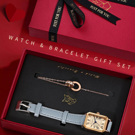 LUCKY FOX 2 pezzi confezione regalo di lusso leggera set braccialetto orologio orologio al quarzo quadrato da donna semplice e alla moda regalo del festival Reloj platinumshop