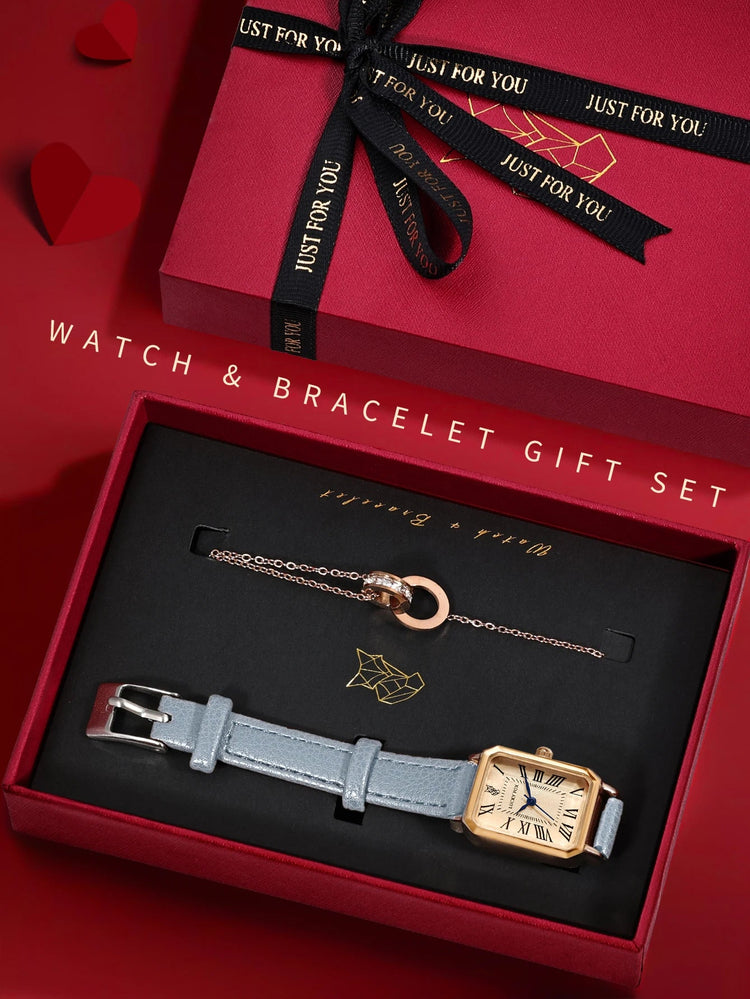 LUCKY FOX 2 pezzi confezione regalo di lusso leggera set braccialetto orologio orologio al quarzo quadrato da donna semplice e alla moda regalo del festival Reloj platinumshop