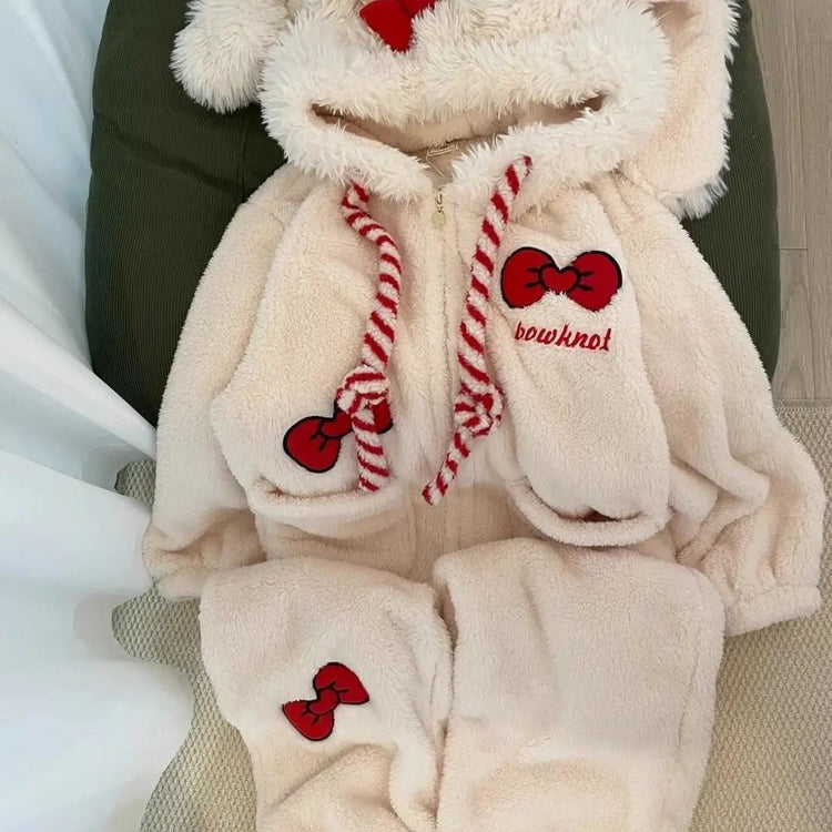 Rompers Onesies Anime Pajamas Y2K Kawaii Bow Rabbit Hooded Sleepwear Women Winter Thick Warm Fleece Sweet Cute Home Outfit Women