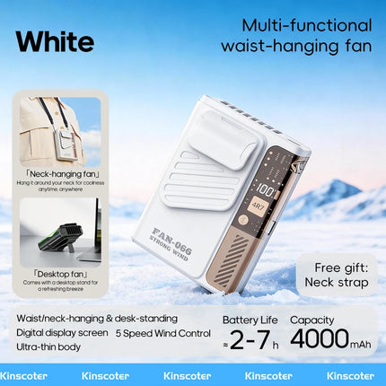 Nuovo Ventilatore Portatile da Cintura per Esterni 4000mAh USB, Mini Ventilatore Multifunzione con 5 Velocità e Display Digitale, Ricaricabile