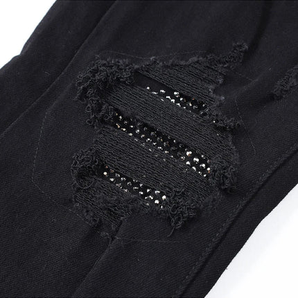 Designer street fashion men's jeans washed, elastic, slim fit, perforated, cashew flower patch, black denim high street pants, h PlatiNum