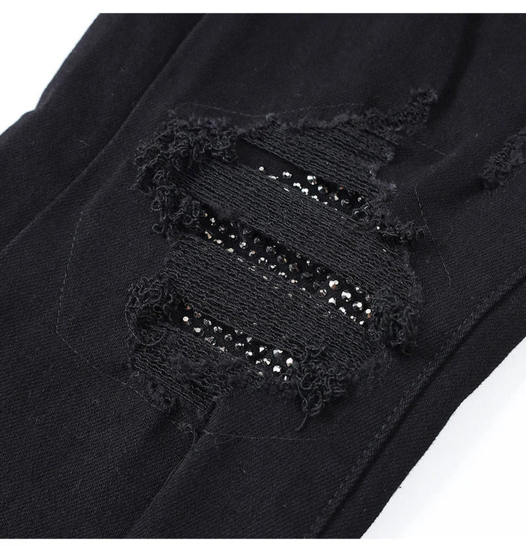 Designer street fashion men's jeans washed, elastic, slim fit, perforated, cashew flower patch, black denim high street pants, h PlatiNum