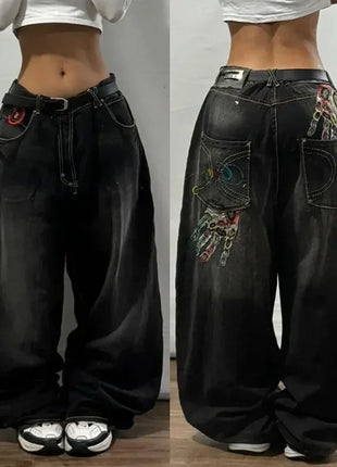 Jeans larghi ricamati modello Joker di tendenza della moda americana Donna Street Y2K Nuovi pantaloni a gamba larga oversize Hip Hop Jeans unisex