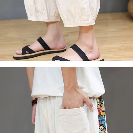 Pantaloncini estivi da uomo Pantaloni casual traspiranti in cotone Pantaloni larghi tradizionali retrò streetwear al polpaccio Pantaloncini comodi da uomo