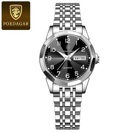 POEDAGAR elegante orologio da polso da donna al quarzo impermeabile luminoso data settimana orologio da donna orologi da donna casual in acciaio inossidabile reloj platinumshop