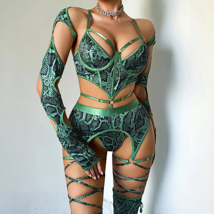 Tornova Erotic Lingerie Personalized Snake Pattern Hollow Strap Design Bodyshaping Sexy Delicate Hot Lingerie Set with Stockings