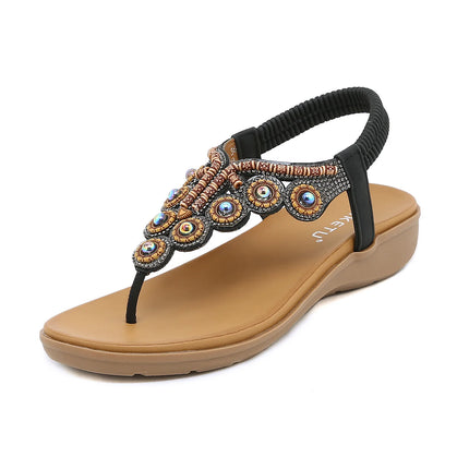 New 2026 Women's Summer Bohemian Style Sandals, Flip-Flop Design with Beaded and Rhinestone Buckle, Elastic Heel Strap, Comfortable Everyday Shoes