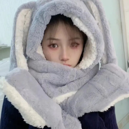New Fashion Scarf Hat Glove Women Cute Big Ear Bunny Beanie Winter Warm Soft Thickening Pocket Warm Ear Hats Hooded Skullie Caps