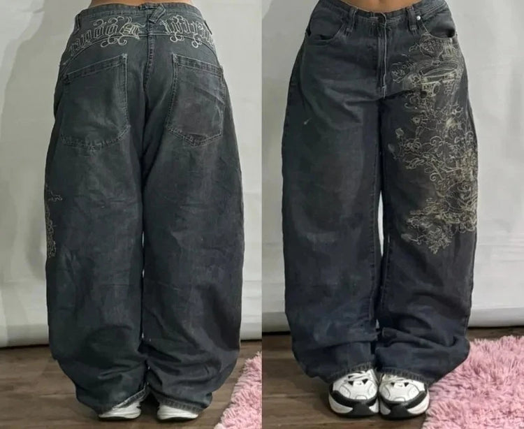 Jeans Oversize Y2K con Stampa Geometrica e Fiori di Ciliegio, Stile Harajuku, Pantaloni Larghi Casual da Donna