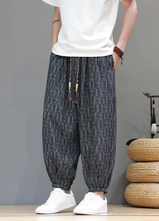 Men's Corduroy Chinese Style Wide Leg Trousers, Lantern Pants, Comfortable and Breathable for Autumn and Winter, Casual Joggers