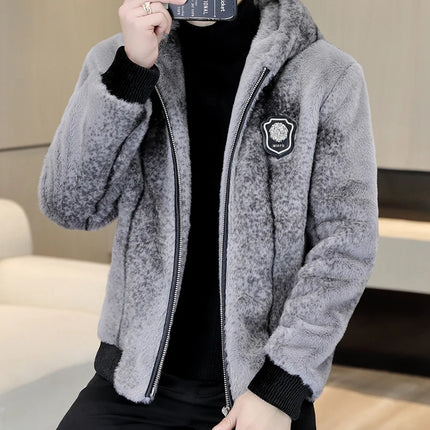 Autumn Winter Faux Fur Hooded Jacket Men Fashion Social Faux Mink Fur Casual Business Jacket Thick Warm Outdoor Windproof Coat