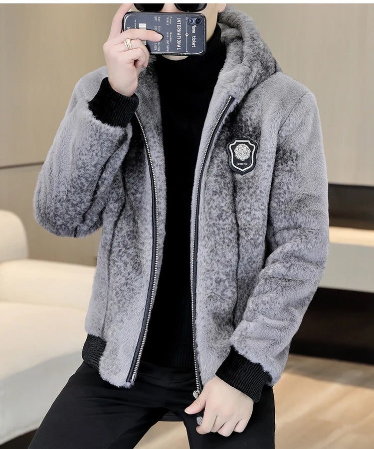 Autumn Winter Faux Fur Hooded Jacket Men Fashion Social Faux Mink Fur Casual Business Jacket Thick Warm Outdoor Windproof Coat