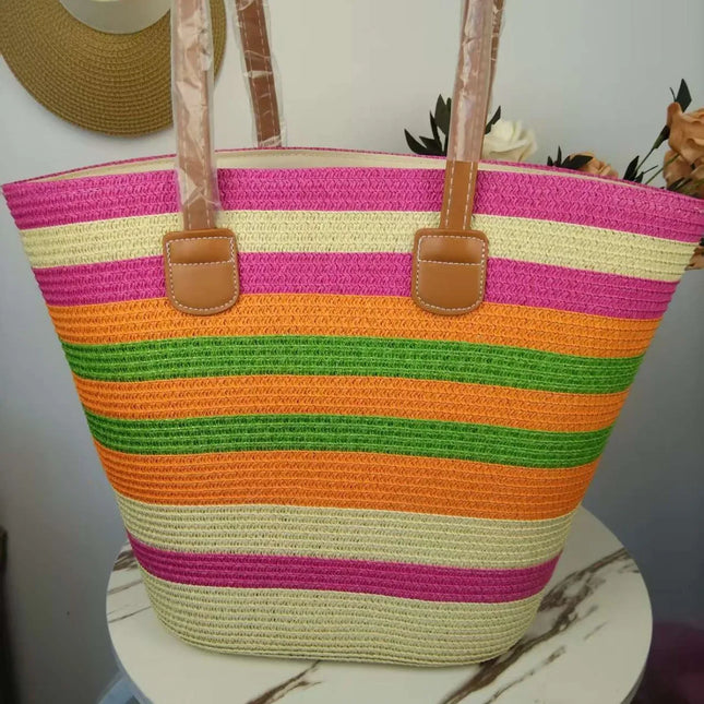 Large Woven Straw Tote Bag for Summer Holidays 2025, Simple Color Contrast Handbag, Women's Casual Luxury Style