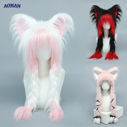 Long Plush Cat Ear Hat Fox Ear Double Braid Caps Cute Lolita Anime Fall Winter Cap Y2K Anime Cosplay Accessories
