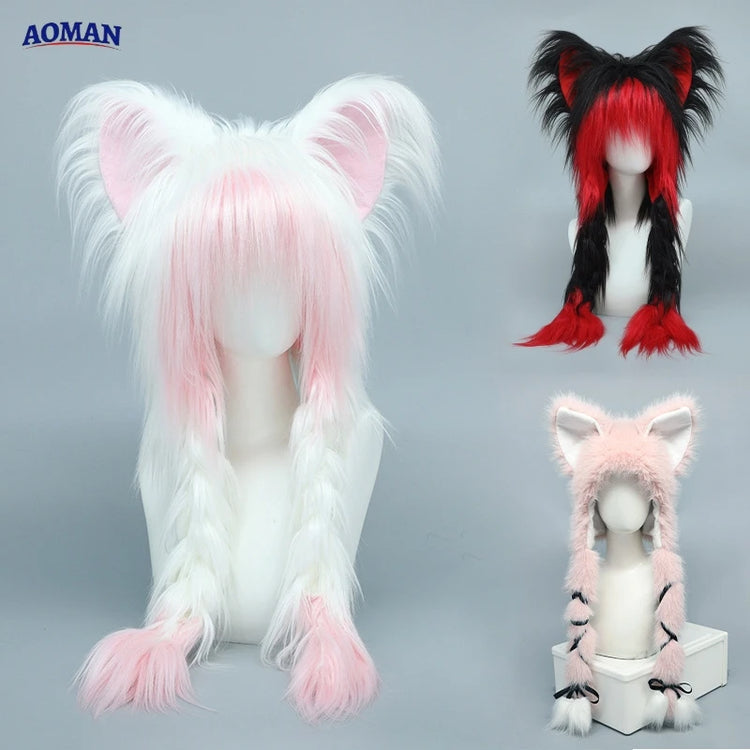 Long Plush Cat Ear Hat Fox Ear Double Braid Caps Cute Lolita Anime Fall Winter Cap Y2K Anime Cosplay Accessories
