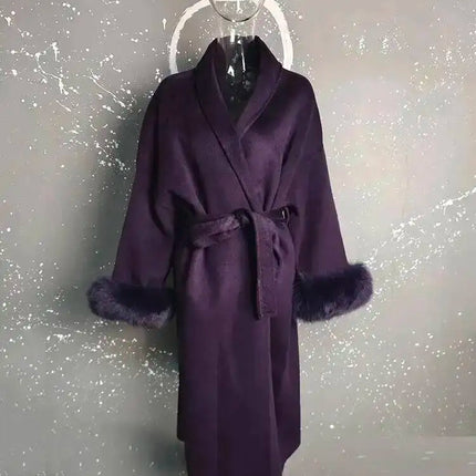 UCXQ Elegant OL Office Lady Overcoats Fur Patchwork Long Sleeve Woolen Coat Beautiful Women's Clothing Jacket Autumn 2025 Winter