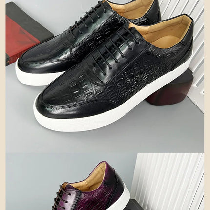 Newest 2025 Spring Men Genuine Leather Casual Sneakers Lace Up Handmade Crocodile Design Men Daily Leather Footwear Purple