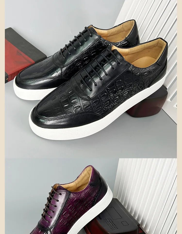 Newest 2025 Spring Men Genuine Leather Casual Sneakers Lace Up Handmade Crocodile Design Men Daily Leather Footwear Purple
