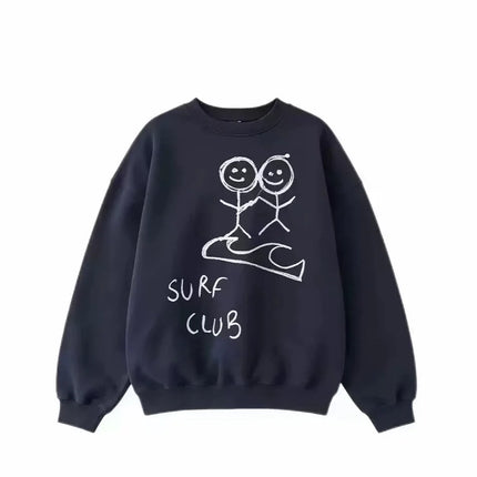 Navy Blue Cartoon Stick Figure Print Crew Neck Sweatshirt Women Loose Long Sleeve Vintage Streetwear Casual Pullover Tops Women