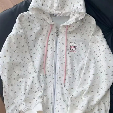 Y2k Hoodies Green Kawaii Cat Floral Print Hooded Zip-up Woman Sweatshirts Pink Thin Jacket Spring Fall Clothes Cute Streetwear