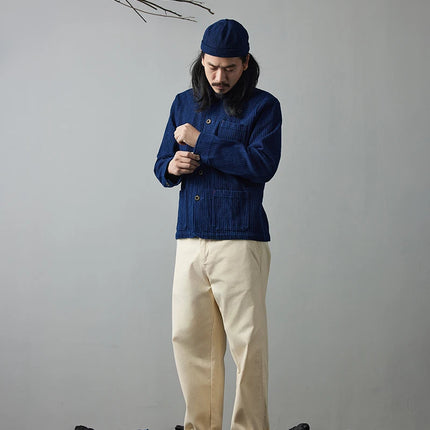 Vintage French Indigo Cargo Jacket Men Autumn Winter New Lapel Multi-pocket Blue Dyed Tooling Jacket Retro Casual Cardigan Coat