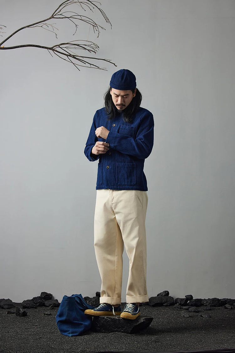 Vintage French Indigo Cargo Jacket Men Autumn Winter New Lapel Multi-pocket Blue Dyed Tooling Jacket Retro Casual Cardigan Coat