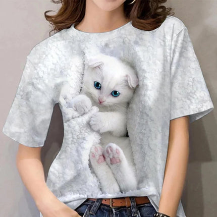 T-shirt mignonne en forme de chat pour femme, avec impression 3D animal de compagnie, manches courtes, hauts décontractés d'été, T-shirts amples Streetwear à col rond