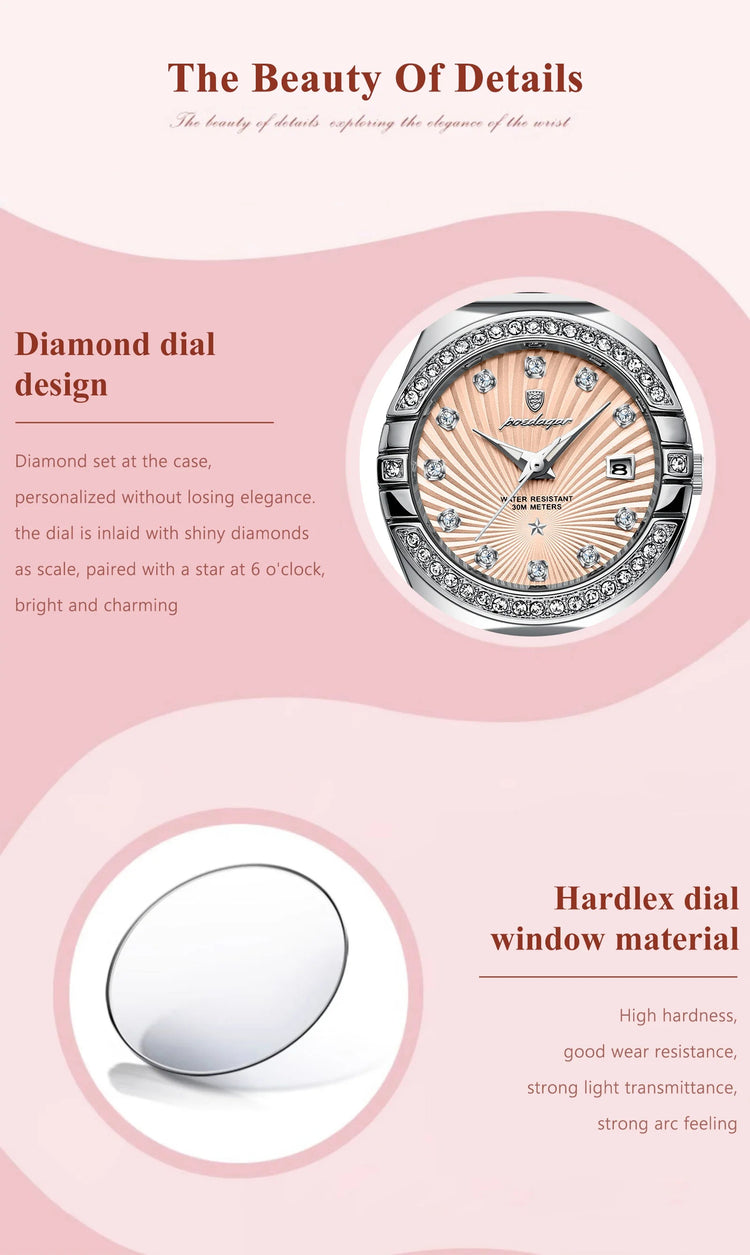 Orologio da donna POEDAGAR, raffinato, impermeabile, luminoso, con datario, in acciaio inossidabile, elegante orologio da polso al quarzo per donna. platinumshop