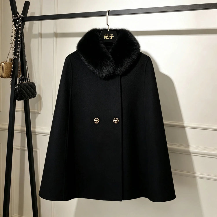 Korean Elegant Fashion Celebrity Woolen Cape Coats Women's Autumn Winter Plush Collar Double-breasted Versatile Wool Jacket Coat