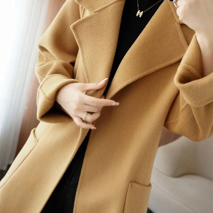 100% Wool Coat Women's Wear 2026 Autumn/Winter Fashion Temperament Double sided Cashmere Coats with Belt Elegant Long Overcoat