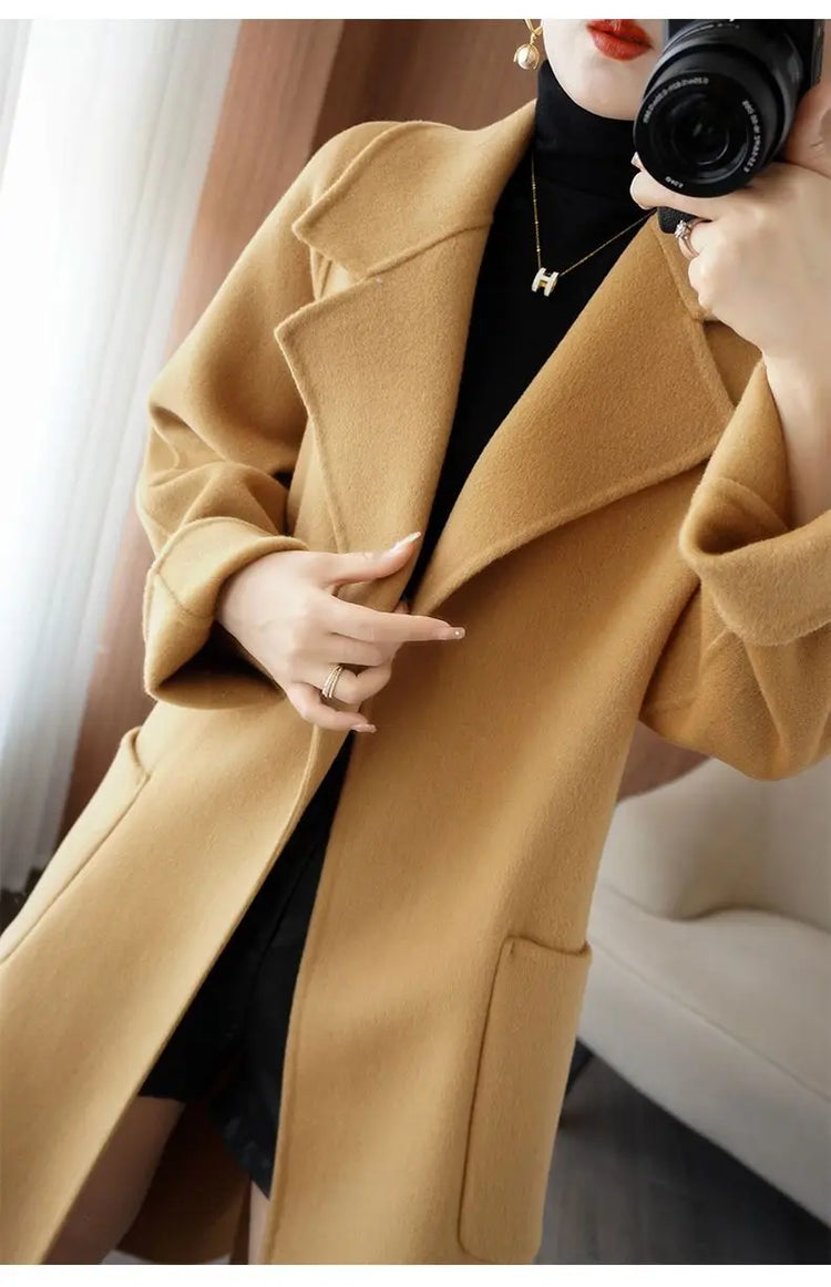 100% Wool Coat Women's Wear 2026 Autumn/Winter Fashion Temperament Double sided Cashmere Coats with Belt Elegant Long Overcoat