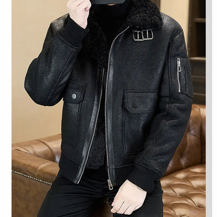 2025 Winter Fur Integrated Leather Jacket Men Thick Velvet Imitation Fur Leather Coat Loose Motorcycle Coat Casual Streetwear