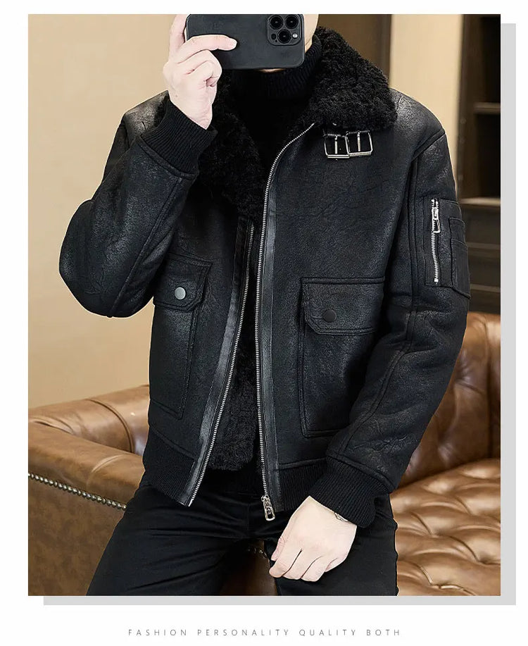 2025 Winter Fur Integrated Leather Jacket Men Thick Velvet Imitation Fur Leather Coat Loose Motorcycle Coat Casual Streetwear