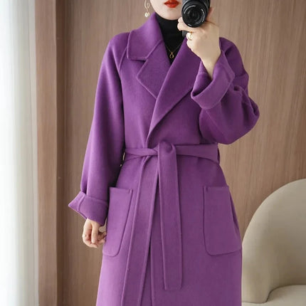 100% Wool Coat Women's Wear 2026 Autumn/Winter Fashion Temperament Double sided Cashmere Coats with Belt Elegant Long Overcoat