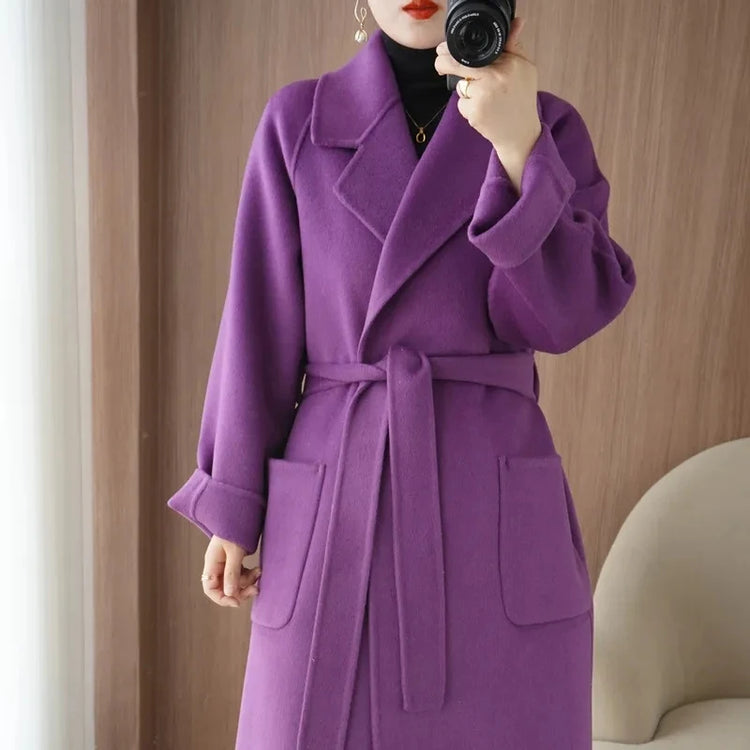 100% Wool Coat Women's Wear 2026 Autumn/Winter Fashion Temperament Double sided Cashmere Coats with Belt Elegant Long Overcoat