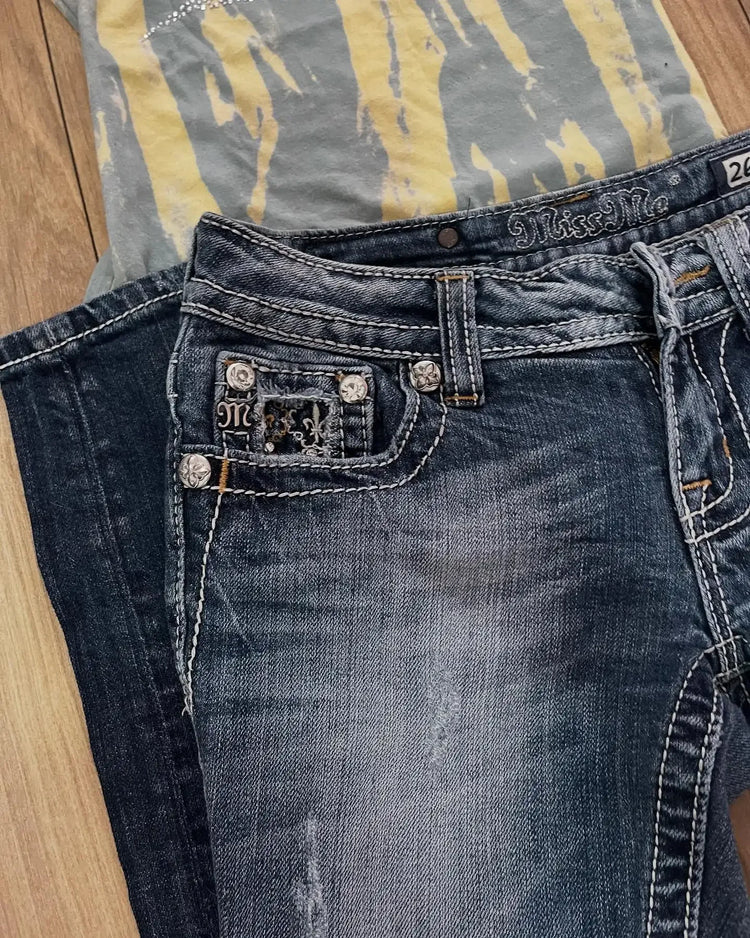 Jeans Boot Cut Retrò Miss Me da Donna, Nuovi Jeans Blu Y2K con Tasche Ricamate, Stile Hip Hop Harajuku Gotico, Pantaloni Larghi Streetwear