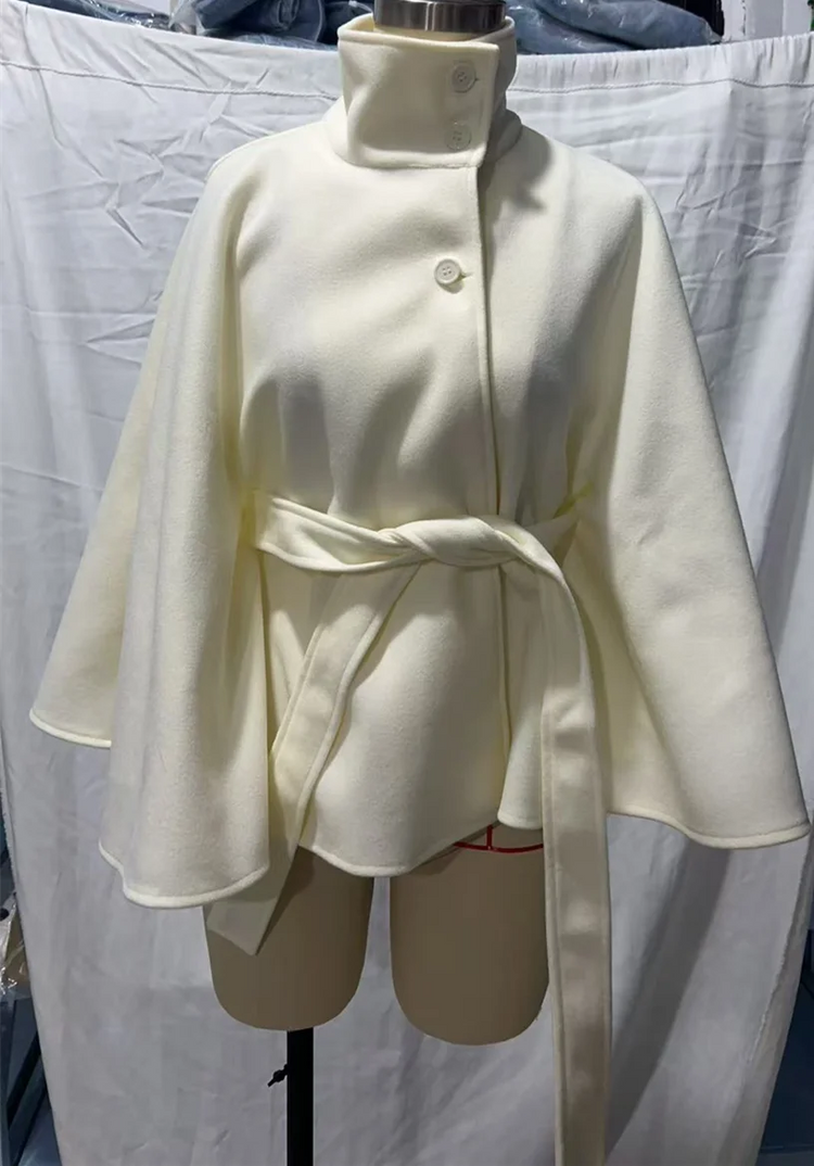 2026 New Lace Up High Neck Jackets For Women Belt Faux Wool Blends Cape Coats Autumn Winter Warm Elegant Cloak Coat Ladies