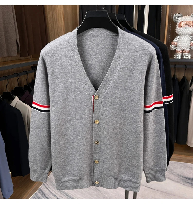 High End Brand Knitted Cardigan Men's Autumn Trend Color Blocked Striped Designer New shawl Korean Casual V-Neck sweater Coat