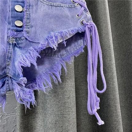 Nuovi Shorts Estivi da Donna 2026 Viola, Sexy a Vita Bassa, con Bottoni, in Denim a Trapezio con Bretelle, Hot Pants Femminili - platinumshop