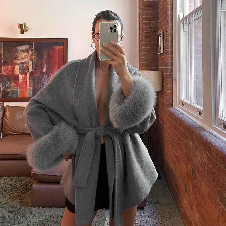 Women Grey Fur Splicing Woolen Coat Casual Belt Full Sleeve Lapel Loose Cardigan Outwear 2025 Lady Winter New Highstreet Jacket